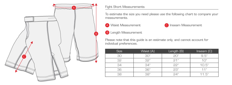 Tailles fightshorts hayabusa